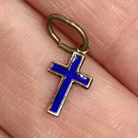 Vintage Tiny Blue Enamel Italian Cross Catholic Necklace Bracelet Pendant Charm - Picture 6 of 14